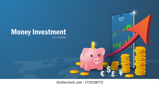 Money Savings and Investment Concept, Stock trading on smartphone and coin growth with arrow chart, Putting coin into piggy bank, Web banner with copy space