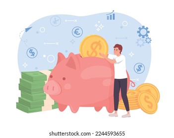 Money savings and investment flat concept vector illustration. Piggy bank. Editable 2D cartoon character on white for web design. Become rich creative idea for website, mobile, presentation