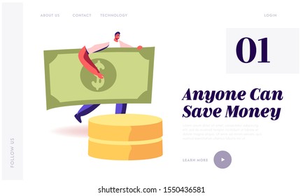Money Savings and Investment Website Landing Page. Young Smiling Man Carry Huge Paper Currency Bill. Financial Success, Wealth and Budget Planning Web Page Banner. Cartoon Flat Vector Illustration