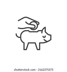 Money savings line icon. linear style sign for mobile concept and web design. Hand putting money into piggy box outline vector icon. Symbol, logo illustration. Vector graphics