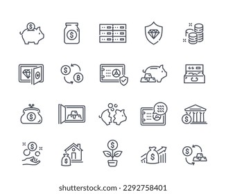 Money savings line icons set. Savings, income and expenses, budgeting and planning. Whole and broken piggy bank, safe with gold bars. Deposit and loan, credit. Linear simple vector collection