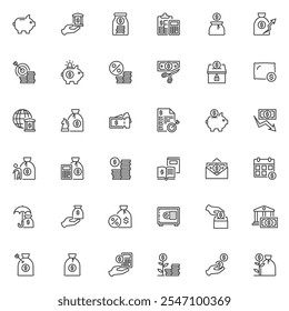 Money savings line icons set. linear style symbols collection, outline signs pack. Savings and finance vector graphics. Set includes icons as currency, credit card, coin, revenue, piggy bank, dollar