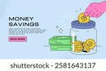 Money savings poster. Hand out golden coins in glass jars. Savings and family budget. Budgeting and accounting. Investment and deposit. Landing webpage design. Flat vector illustration