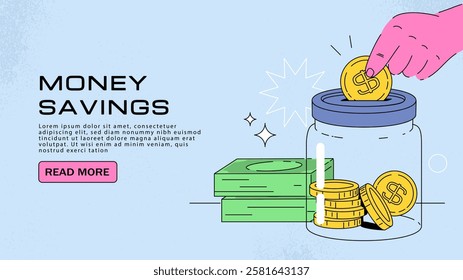 Money savings poster. Hand out golden coins in glass jars. Savings and family budget. Budgeting and accounting. Investment and deposit. Landing webpage design. Flat vector illustration