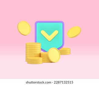 Money savings protection financial banking secure coin cash shield checkmark 3d icon realistic vector illustration. Deposit account business trust treasure safety richness security protect insurance - Shutterstock ID 2287132515