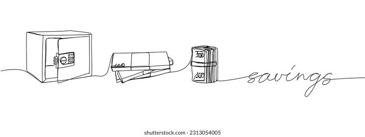 Money, savings, safe, banknote, bank, banking one line art. Continuous line drawing of bank, financial, payment, data, economic, wealth credit with an inscription, lettering, handwritten.