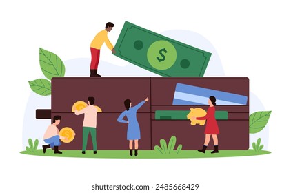 Money savings and salary income, payment from wallet, deposit and online cashback return. Tiny people holding coins, piggy bank and dollar bills to put in leather pocket cartoon vector illustration