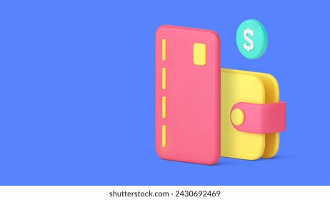 Money savings salary profit wallet with card and coin cash money banner copy space 3d icon realistic vector illustration. Financial investment business commercial wealth shopping banking account