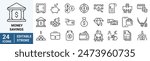 Money Savings web Line Icons. Bank Safe Deposit Box, Tips Jar, Pension Calculator and more. Editable Stroke.