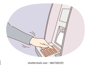 Money savings, withdrawal, credit card concept. Hands of person entering pin-code of band card for money cash withdrawal on atm machine. Finance, payment, credit, investing illustration