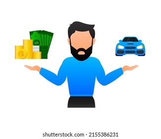 Auto in Geldhöhe im flachen Stil. Flache Vektorgrafik. Finanzinvestition von Unternehmen