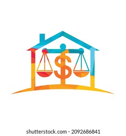 Diseño del logotipo vectorial de escala monetaria. Concepto de finanzas. Icono de símbolo de la casa y del dólar de escala de logotipo.	