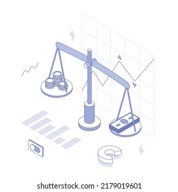 Dinero, escalas, balance, gráfico, gráfico, diagrama, presentación, hoja de cálculo, economía, tecnología.Isometric vectorial ilustración diseño plano aislado. Contorno, estilo lineal, arte de línea, trazo editable.