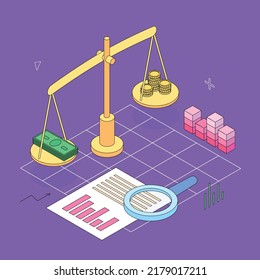 Money, scales, balance, graph, diagram, presentatnion, spreadsheet, economy, technology.Isometric vector illustration flat design isolated. Outline, linear style, line art, editable stroke.