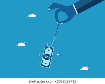 Money scam. Businessman using a money hook as bait