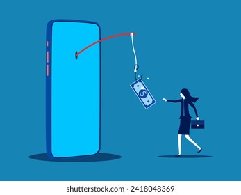 Money scam, trap on the hook. Businesswoman gets tricked with money on hook 