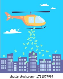 Money is scattered from the helicopter to the city. Helicopter money to support the economic system during times of crisis and the collapse of financial markets. Monetary policy of the state. vector