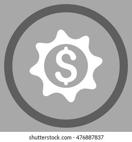 Money Seal vector bicolor rounded icon. Image style is a flat icon symbol inside a circle, dark gray and white colors, silver background.
