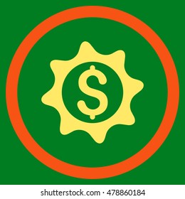 Money Seal vector bicolor rounded icon. Image style is a flat icon symbol inside a circle, orange and yellow colors, green background.