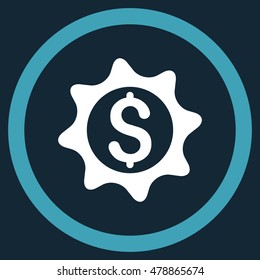Money Seal vector bicolor rounded icon. Image style is a flat icon symbol inside a circle, blue and white colors, dark blue background.