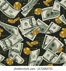 Money seamless pattern with 100 US dollar bills, gold one dollar coins. Small dots and lines on a background. Detailed vintage vector illustration.