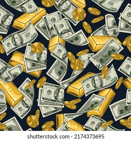 Money seamless pattern with 100 US dollar bills, gold one dollar coins, ingots of pure gold. Detailed vintage vector illustration.