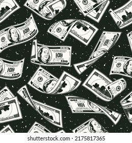 Money seamless pattern with 100 US dollar bills on a dark background. Falling, folded, twisted, flying dollar banknotes on a black background. Detailed monochrome vector illustration.