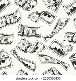 Money seamless pattern with 100 US dollar bills on a dark background. Falling, folded, twisted, flying dollar banknotes on a white background. Detailed monochrome vector illustration.