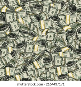 Money seamless pattern with dollar wads, rolls, stacks. 100 US dollar banknotes. Huge amount of money. Messy dense composition. Detailed vintage vector illustration.