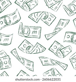 Money seamless pattern with falling, flying 100 US dollar bills on white background. Folded, twisted dollar notes. Grunge style. Outline contour illustration