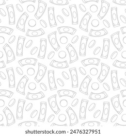 Money seamless pattern. Finance coins and banknotes repeat background. Vector outline doodle illustration.