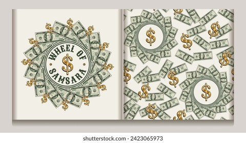 Money seamless pattern, label with 100 US dollar bills, silhouettes of cat, cats footprints, scattered golden coins. Cats catch money notes. Text Money is mine. Concept for apparel, t shirt design