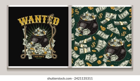 Money seamless pattern, label with cast iron cauldron full of cash money in vintage style. Scattered gold one dollar coins, wads, stacks of 100 US dollar banknotes. Detailed vintage illustration