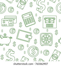 Money seamless pattern, line style. Finances endless background. Business, bank repeating texture with dollars, coins, coin box, calculator. Vector illustration