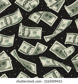 Money seamless pattern with one hundred US dollar bills on a dark background. Falling, folded, twisted, flying dollar banknotes. Detailed vector illustration.