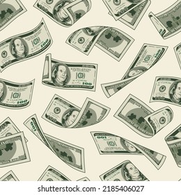 Money seamless pattern with one hundred US dollar bills on a white background. Falling, folded, twisted, flying dollar banknotes. Detailed vector illustration.