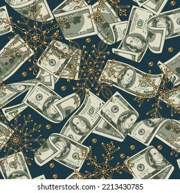 Patrón de dinero fluido con cien billetes de dólares estadounidenses, copos de nieve hechos de cadenas de oro de joyería en un oscuro fondo turquesa. Billetes en dólares voladores, volados, torcidos