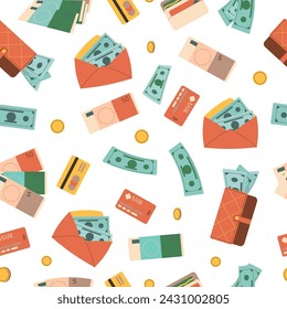 Geld nahtlose Muster. Reichhaltiger, endloser Hintergrund. Deckungssumme. Geldbörse, Banknoten, Kreditkartenwiederholung Ornament. Vektorflache Darstellung.