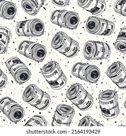 Money seamless pattern with rolls of 100 dollars bills on a white grunge background with small abstract particles like dust. Monochrome detailed vector illustration in vintage style.