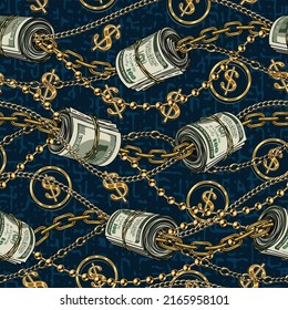 Money seamless pattern with rolls of 100 dollars bills, wavy gold chains, dollar sign. Blue grunge background with small abstract particles like blots. Detailed vector illustration in vintage style.