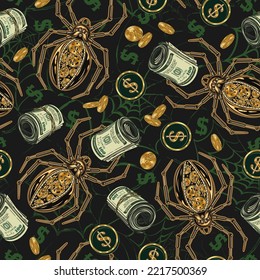 Money seamless pattern with rolls of 100 US dollar bills, gold one dollar coins, gold metallic robotic spider in steampunk style. Grunge silhouette of spiderweb behind. Vintage vector illustration.