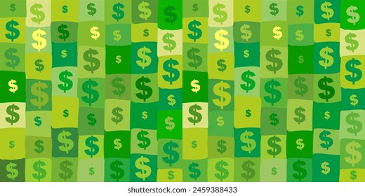 Money seamless pattern. Sale pattern. Currency symbols. Dollar sign icon on green background. Great for banners, wallpapers, cards, image covers. Vector illustration