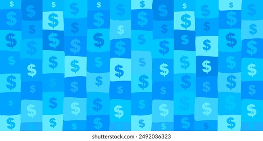 Money seamless pattern. Sale pattern. Currency symbols. Dollar sign icon on blue background. Great for banners, wallpapers, cards, image covers. Vector illustration