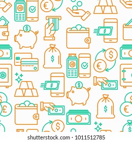 Money seamless pattern with thin line icons: cash, credit card, pos terminal, piggy bank, wallet, hand with coins, bag of gold. Modern vector illustration.
