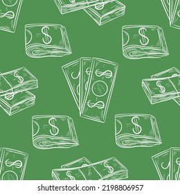 Ilustración vectorial sin fisuras del dinero. Antecedentes con nosotros dólares. Imprimir con dinero de mano en efectivo. Plantilla para textiles, envasado, papel y diseño