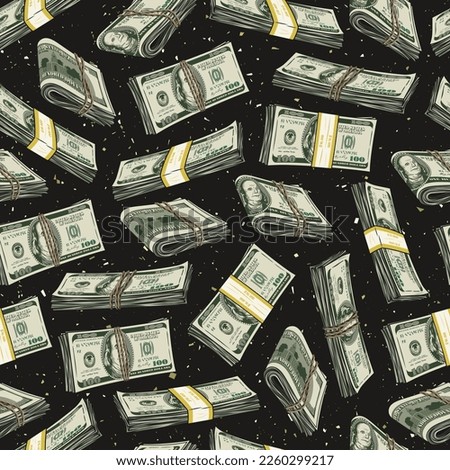 Money seamless pattern with wads of one hundred US dollar bills on a black textured background. Falling dollar stacks. Detailed vector illustration.