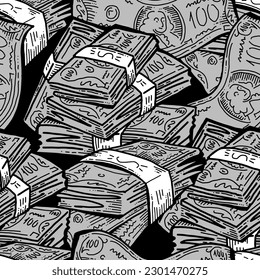 Money seamless vector pattern background for print design. Hundred dollars banknotes, a lot of cash for finance. economy, business success theme. Hand drawn line illustration, cartoon style drawing.