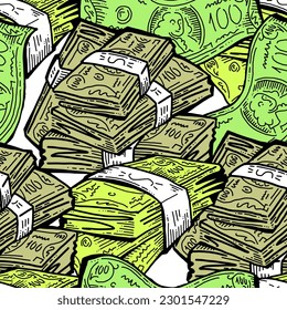 Money seamless vector pattern background for print design. Hundred dollars banknotes, a lot of cash for finance. economy, business success theme. Hand drawn line illustration, cartoon style drawing.