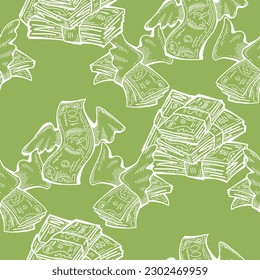 Money seamless vector pattern background for print design. Hundred dollars banknotes, a lot of cash for finance. economy, business success theme. Hand drawn line illustration, cartoon style drawing.