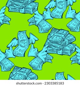 Money seamless vector pattern background for print design. Hundred dollars banknotes, a lot of cash for finance. economy, business success theme. Hand drawn line illustration, cartoon style drawing.